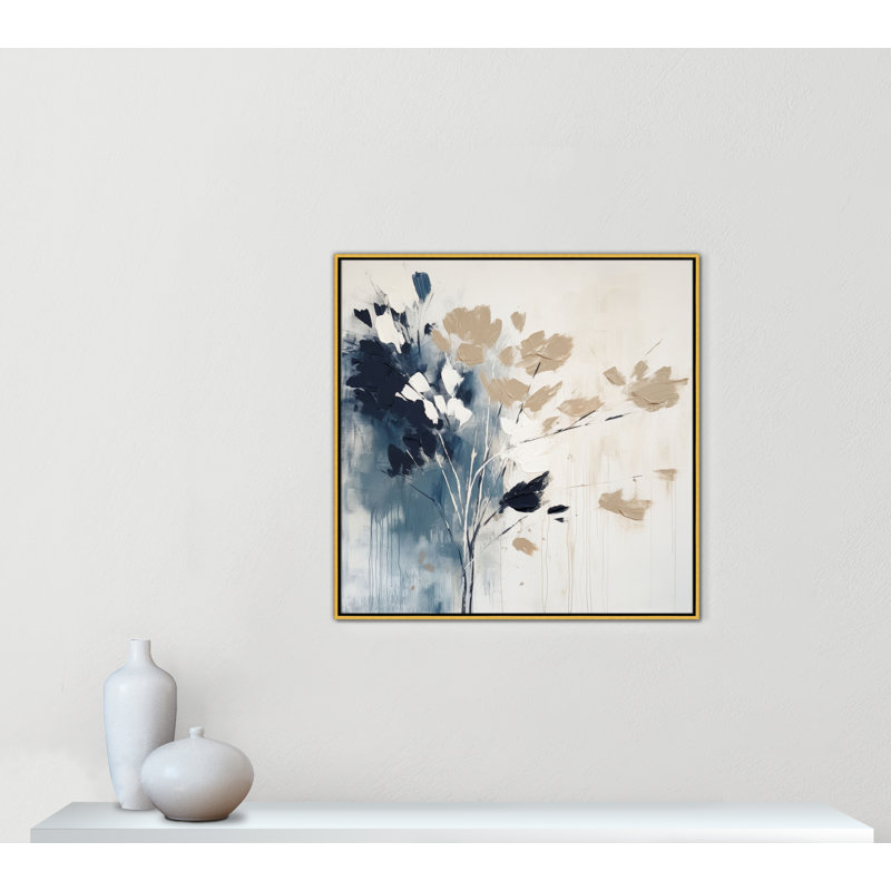 «Bliue Earthly Neutralité I» par Irena Orlov, L 37,5 po x H 37,5 po, Toile avec cadre, Flotteur doré