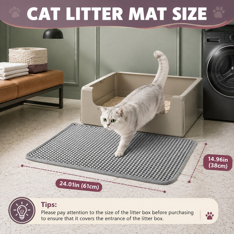 Gray 24 x 15 in double-layer litter mat made with a honeycomb EVA trapping surface; the mat is waterproof, has a urine-proof non-slip base, stays soft on paws, and cleans easily by shaking or rinsing.