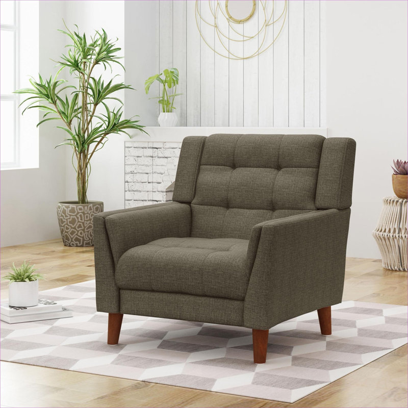 Fauteuil d'appoint Mid-Century moderne capitonné, pieds fuselés en bois, revêtement en tissu moelleux, brun riche