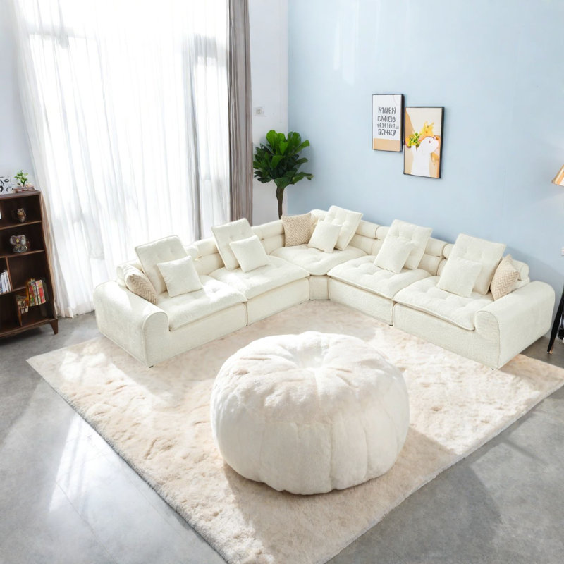 Canapé d'angle surdimensionné 5 places, bouclé blanc 124,3 po, style nuage moderne, Blanc