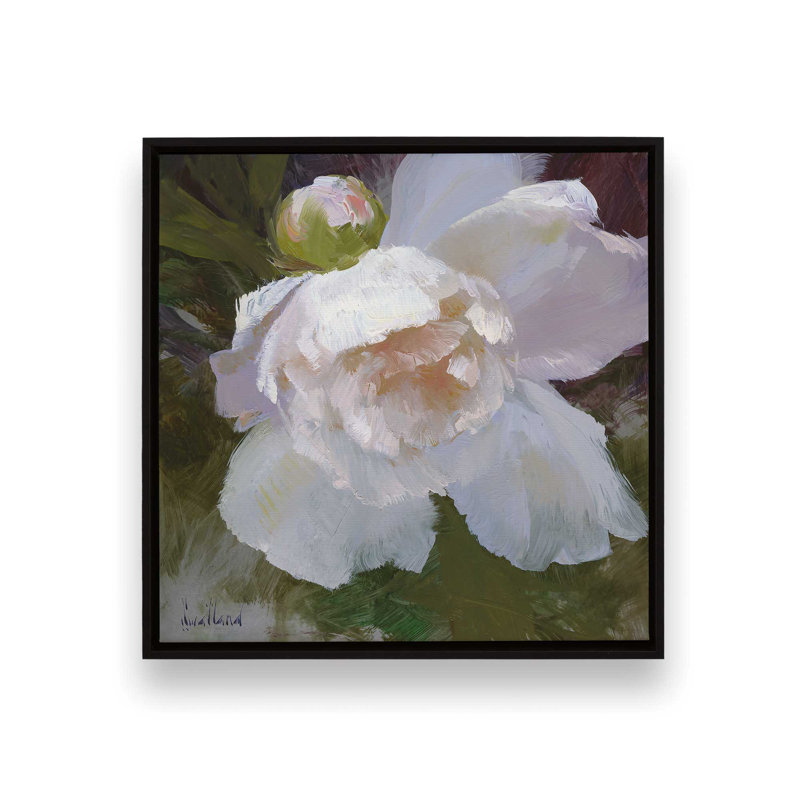«Graceful White Peony Bloom I», reproduction sur toile 12 po x 12 po, Cadre flottant noir satiné