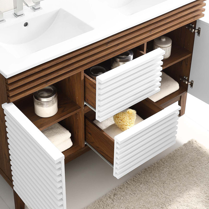Render 48" White and Walnut Double Sink Bathroom Vanity