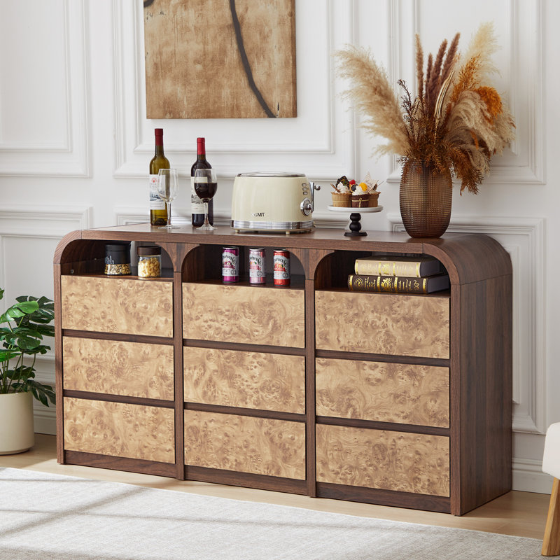 59'' W 9 Drawer Burl Wood Dresser, Walnut