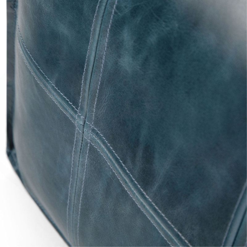 Manning 18 inch Wide Square Pouf in Teal Genuine Leather