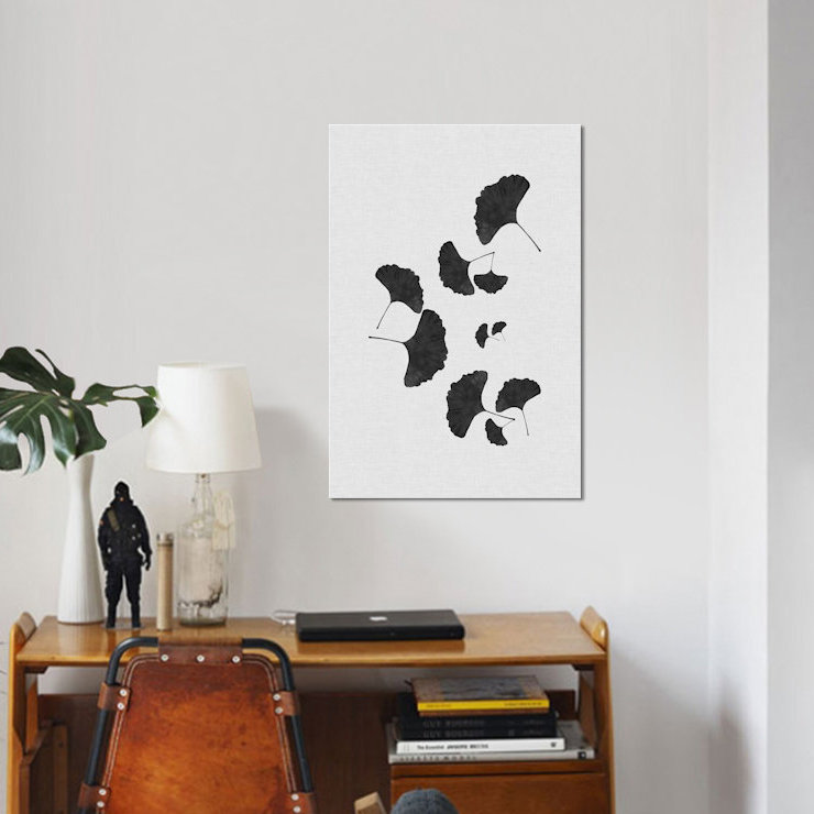 «Ginkgo Leaf I», impression sur toile tendue en noir, H 18 po x l 12 po x P 1,5 po, Toile tendue, Pas de tapis
