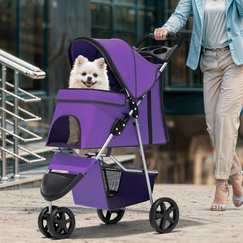 Foldable Pet Dog and Cat Stroller with Adjustable Canopy Storage Basket and Cup Holder for Small and Medium Pets, Purple