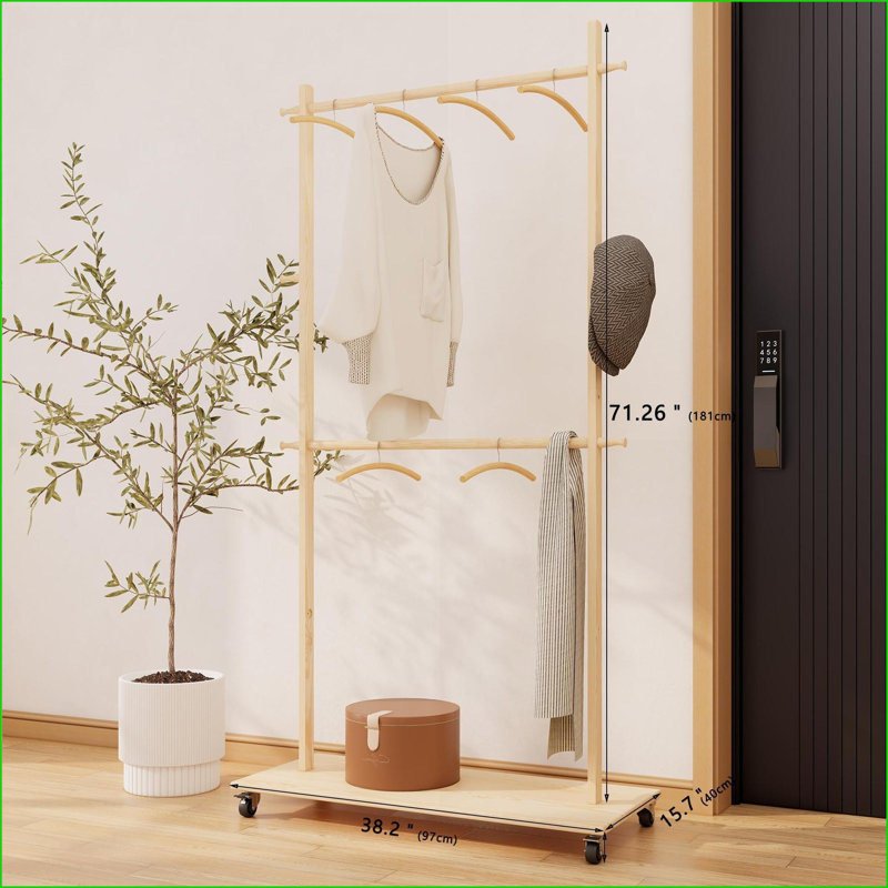 Portemanteau avec 6 cintres en bois, bois massif, tablette réglable et amp; Roues | Vieux pin | Bois