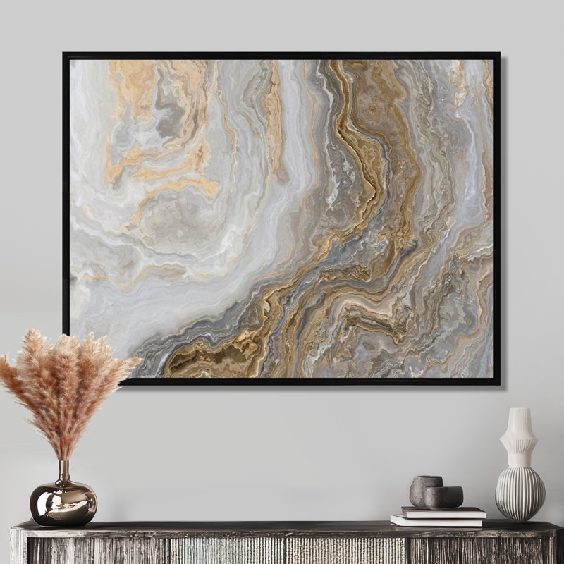 Art mural en marbre - marbre blanc avec veines de gris Curley et or - reproduction d'art sur toile, H 12 po x l 20 po, Noir