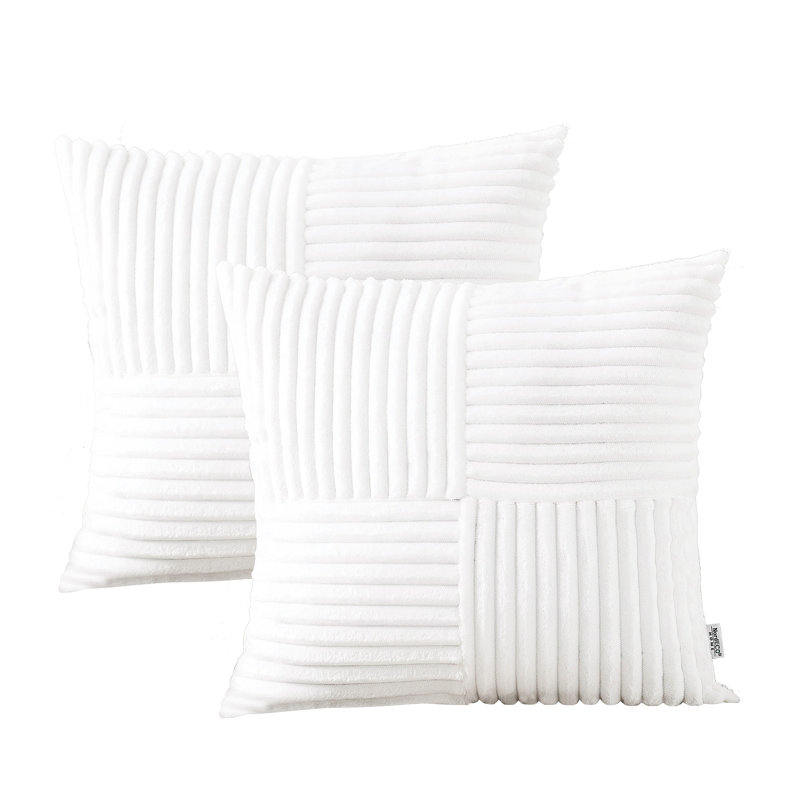 Square Striped Corduroy Soft Flannel Patchwork Pillow Cover, White, 20"H x 20"W