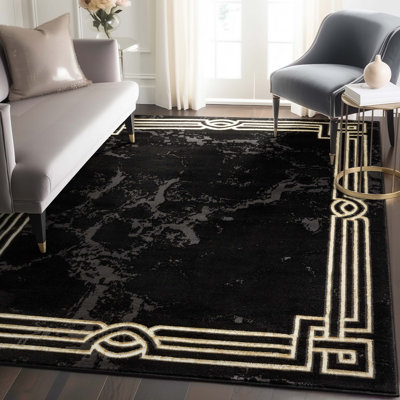 Fairmont  Marble Abstract Black Gold Glam Area Rug for Living Room, Bedroom, Dining Room and Hallway