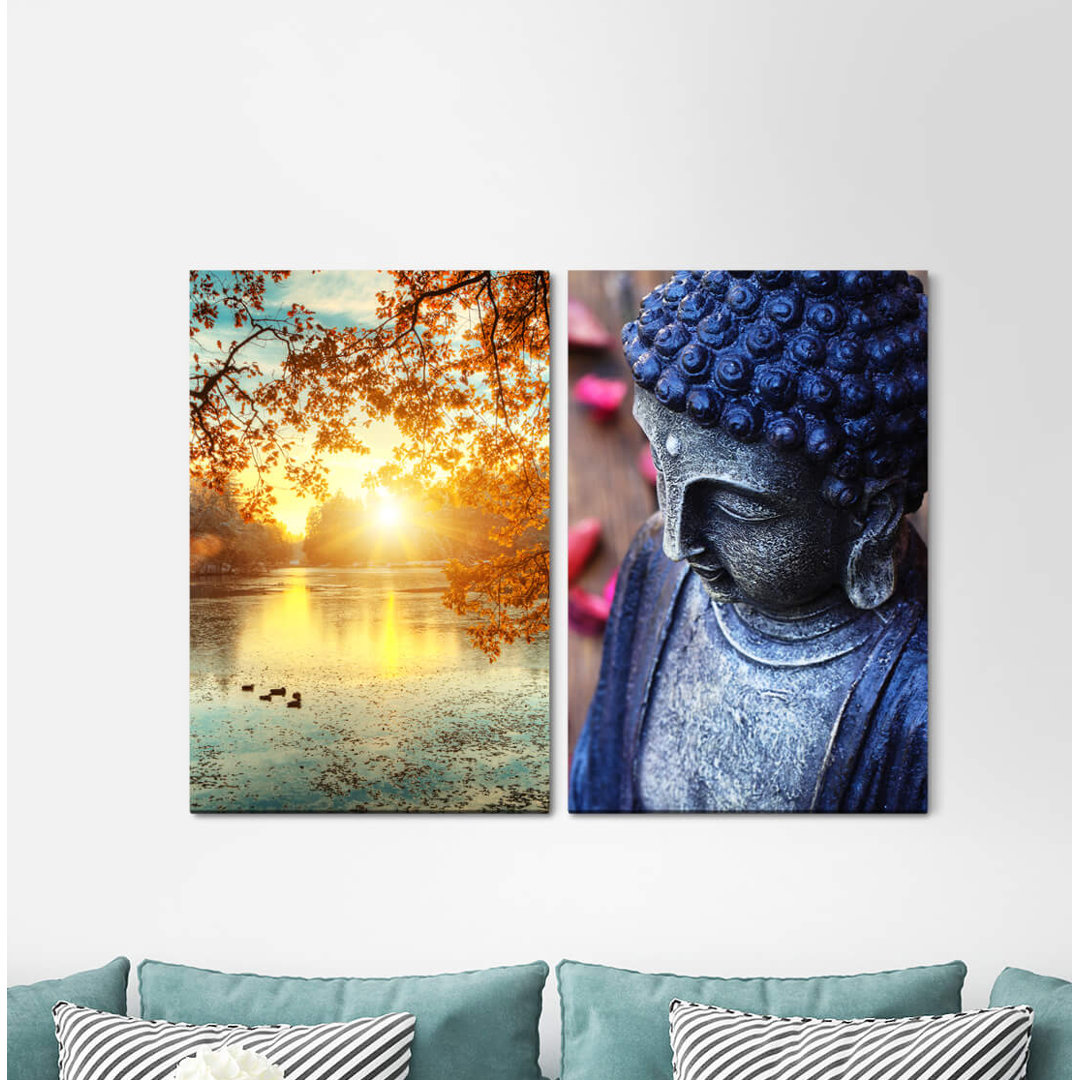 2-tlg. Leinwandbilder-Set - Fotografie „Autumn Lake Ducks Buddha Nature Meditation Sunbeams”