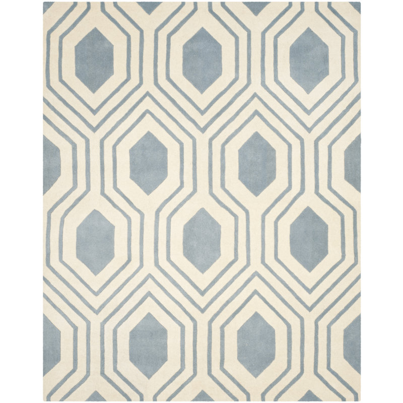 Tapis bleu / ivoire en laine touffeté à la main Deedie, Rectangle 6 pi x 9 pi