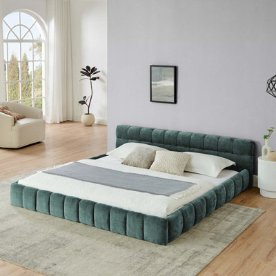 King Size  Upholstered Bed Frame With Thick Fabric, Chenille Fabric Grounded King Size Platform Bed With Headboard And Solid Frame. No Box Spring Needed-Green(88.5''*85.5''*24'')