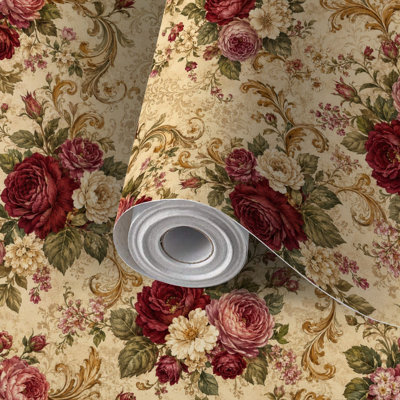 Peel and Stick Wallpaper Contact Paper Vintage Rose Ornate Gold Flourishes Beige Self Adhesive and Removable 17.7in x 118in(45x300cm)