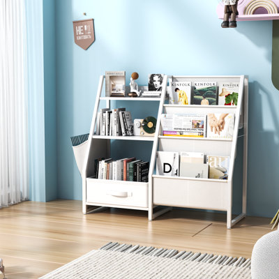 Kids Playroom Bookrack With 2 Book Shelves, Side Pocket & Toy Organizer Removable Drawer Bookcase