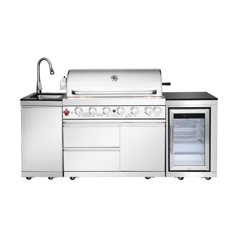 Ilot de cuisine 85 pouces avec évier en acier inoxydable de 85 pouces avec évier en acier inoxydable, rangement et réfrigérateur compact au design américain