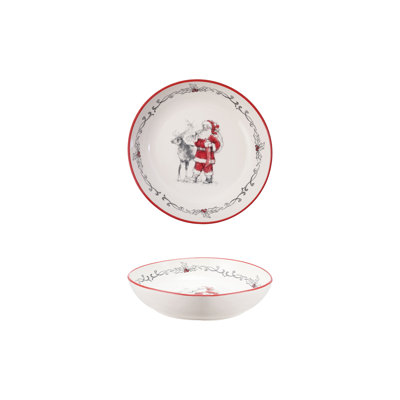 Bol rond en grès avec image de père Noël et renne et rebord coloré