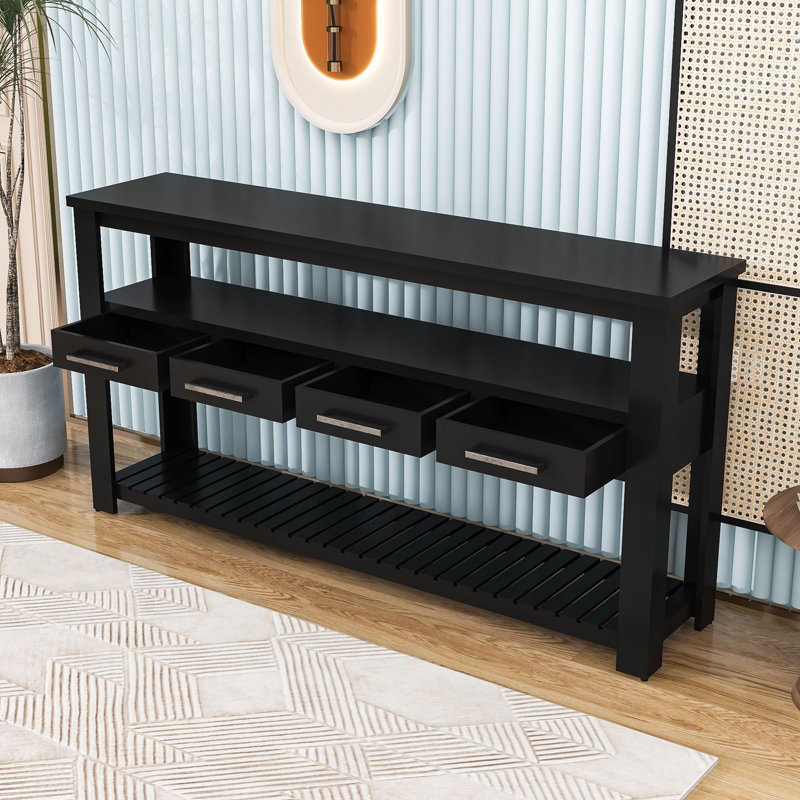 Console avec 4 tiroirs et 3 tablettes ouvertes à 3 niveaux, Noir