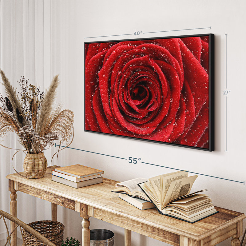 Floral et botanique «Rose rouge humide», art mural, H 27 po x l 40 po