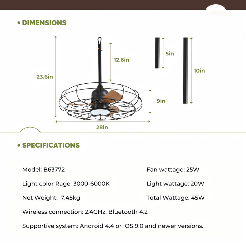 Zoyar 28" Outdoor Ceiling Fan with LED Lights-Waterproof, Plug in Caged Ceiling Fan with Lights for Pergola Canopy, 28" Wide