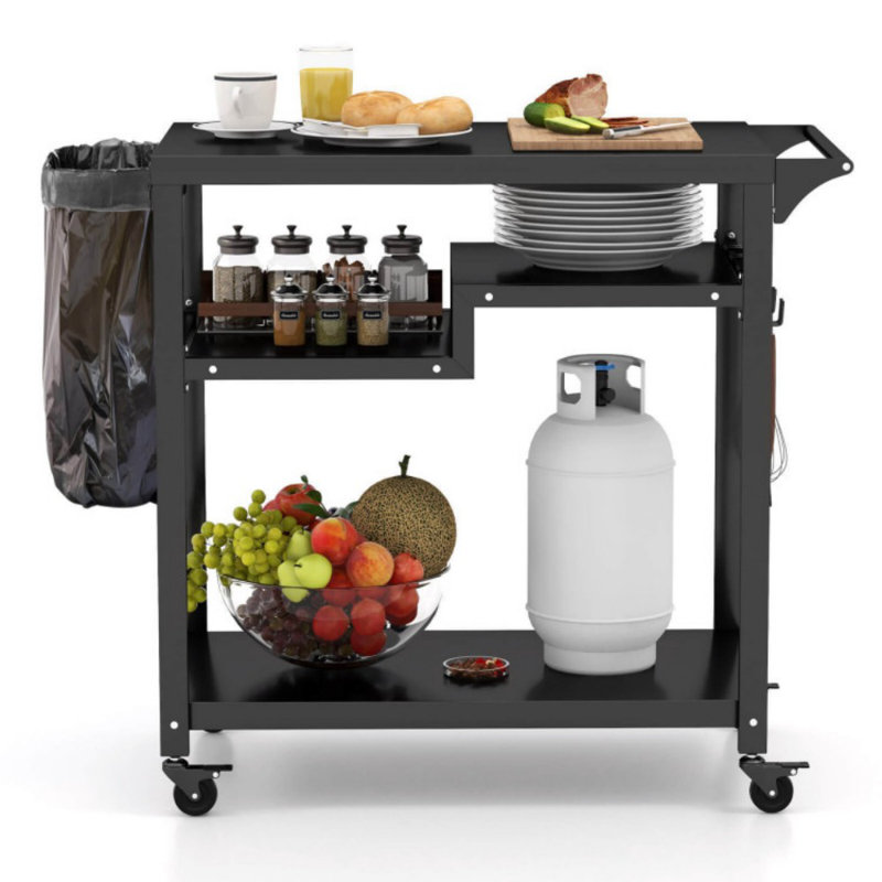 Rolling Grill Cart 3-Shelf BBQ Cart With Hooks And Side Handle