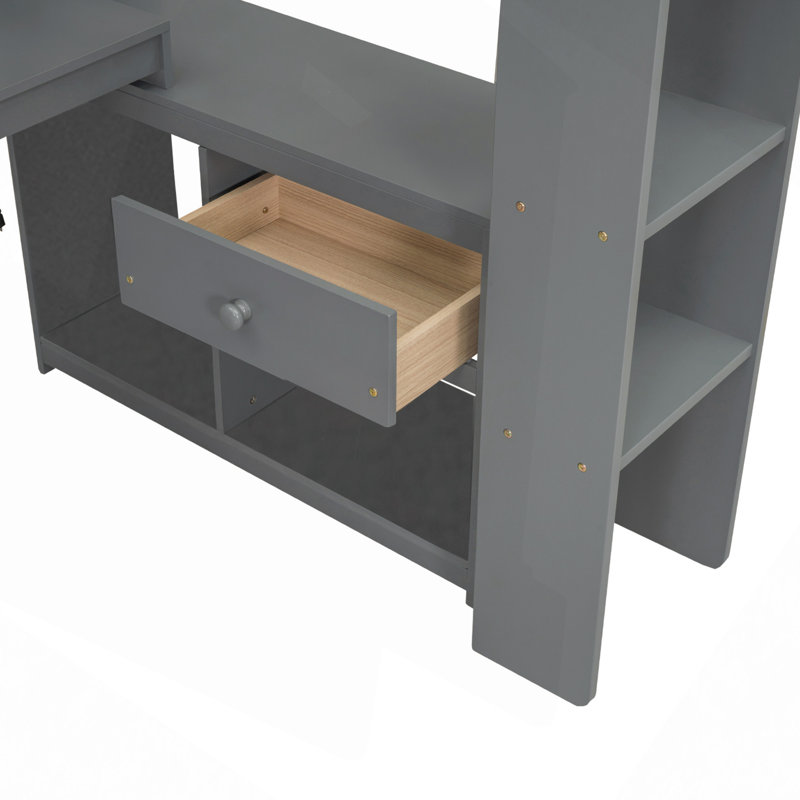 Wood Gaming Loft Bed With Desk, Multi-Storage Shelves, LED And Charging Station, Twin
