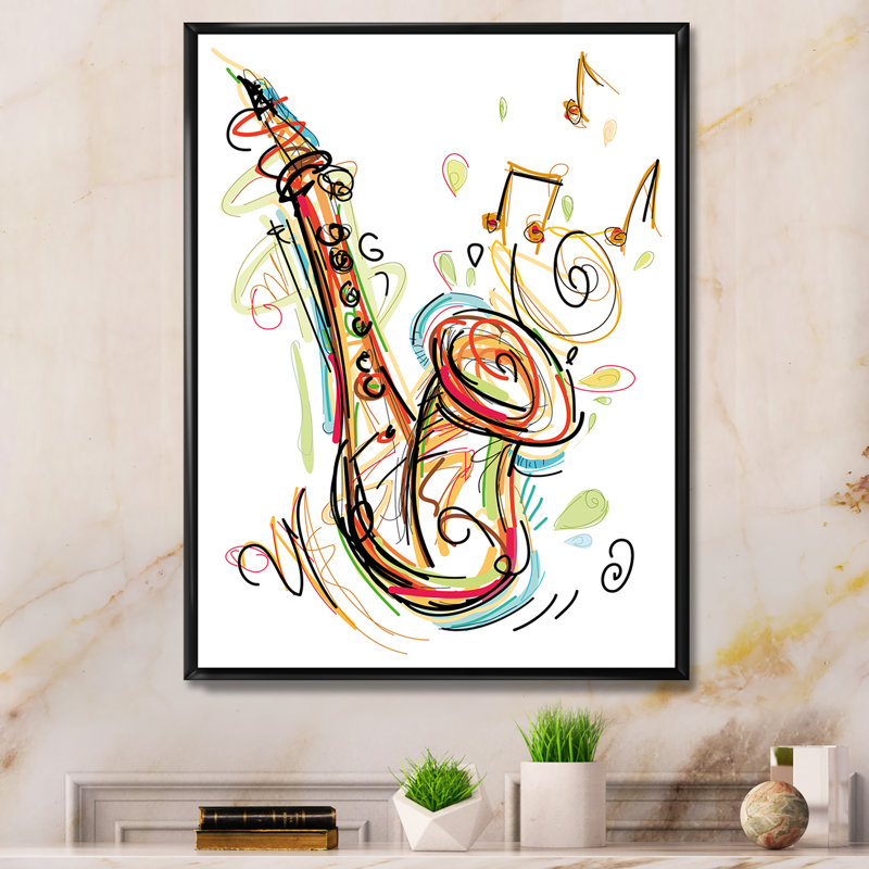 Musique, saxophone, dessin abstrait II - peinture, H 40 po x l 30 po x P 1,5 po, Cadre flottant noir