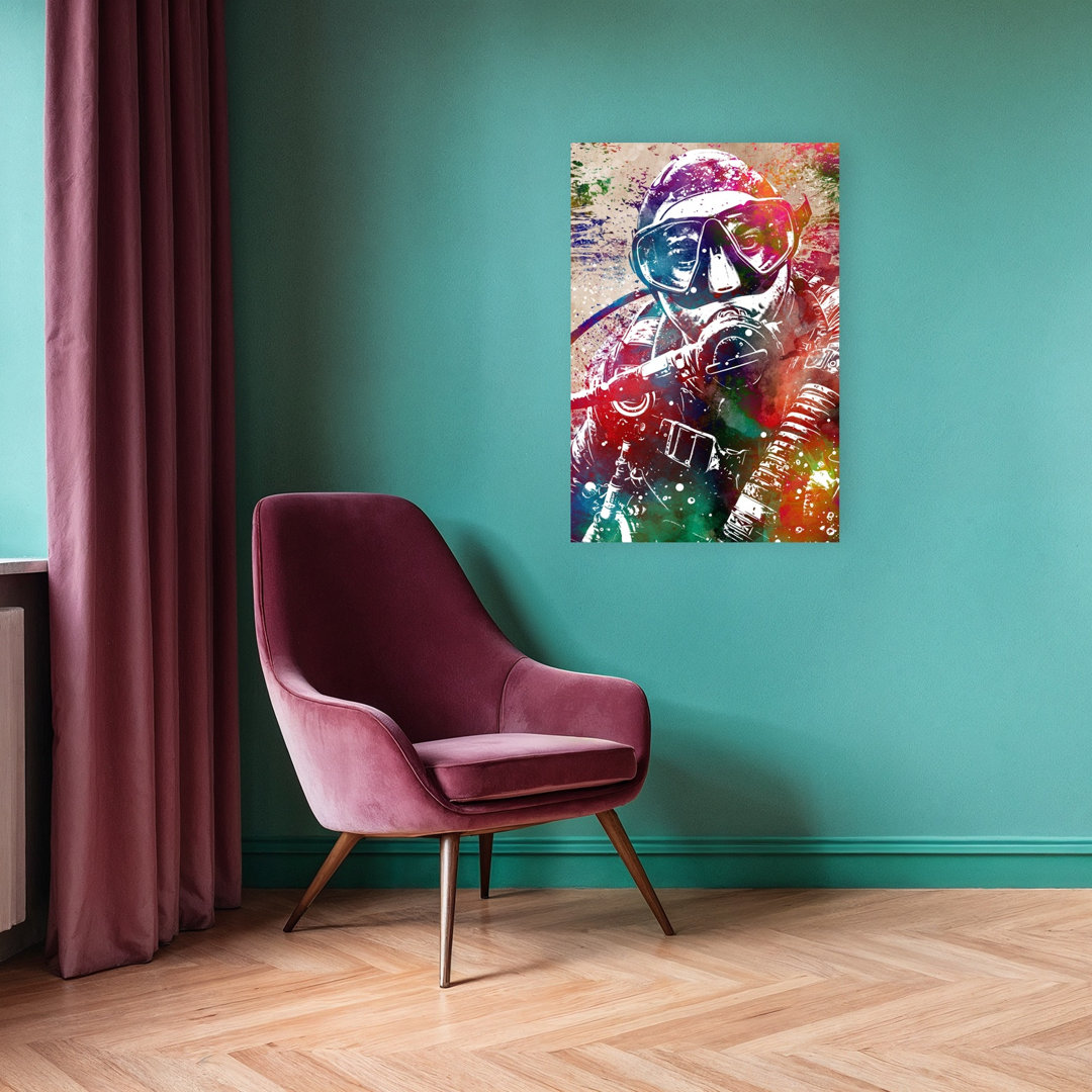 Colorful Underwater Diver Contemporary Dolphin Wall Art Print
