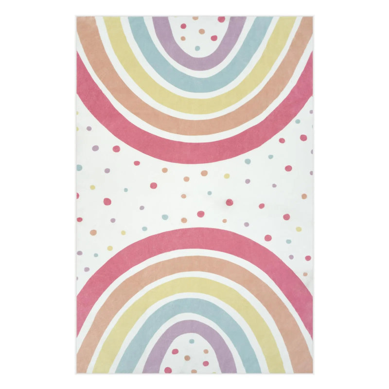 Rainbow Polka Dot Kids Area Rug - Washable, Non-slip, Soft Cushioned Carpet For Nursery, Bedroom, Classroom, 3x5 Feet