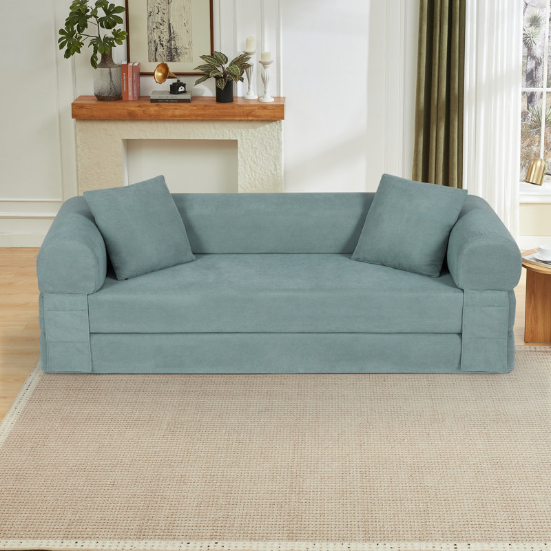 80" Queen-Size Futon Sofa Bed Foldable Couch Bed With 2 Pillows - No Assembly Required, Light Green