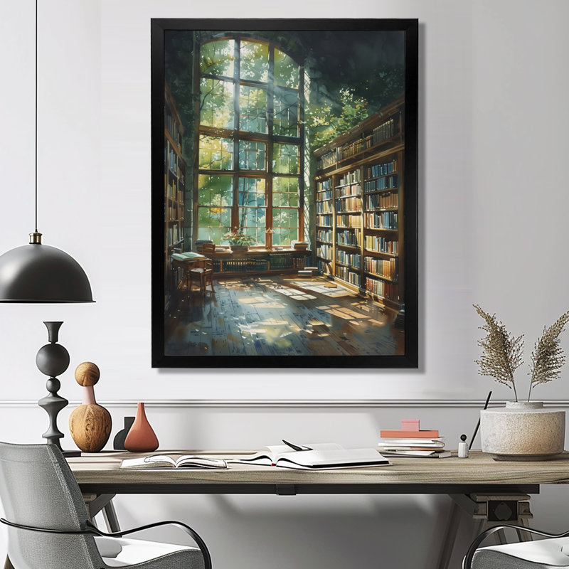 Bibliothèque verte et brune, Quiet Haven II - Art encadré avec bibliothèque, H 34 po x l 44 po, Cadre simple noir