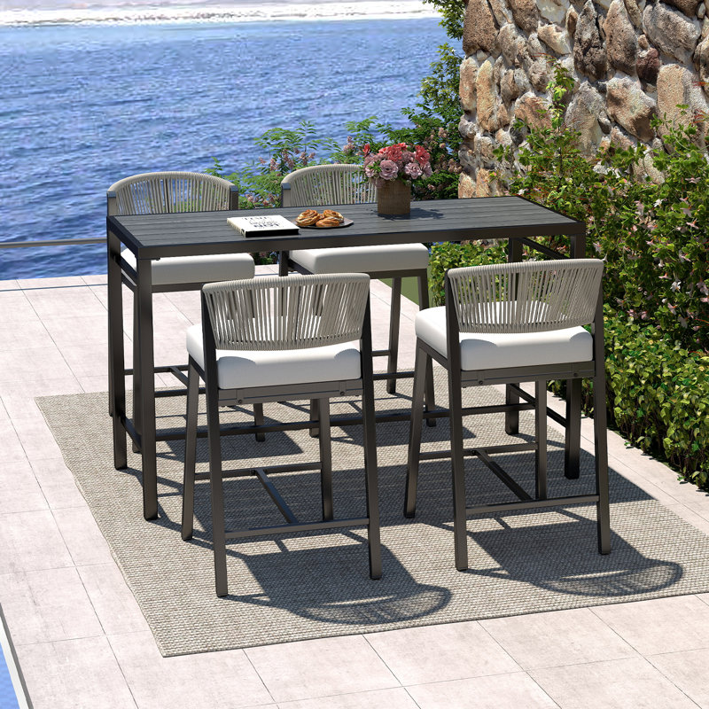 5-Piece Modern Aluminum Indoor Outdoor Dining Set, Rope Woven Patio Bar Set with Rectangular Table, Beige/Black