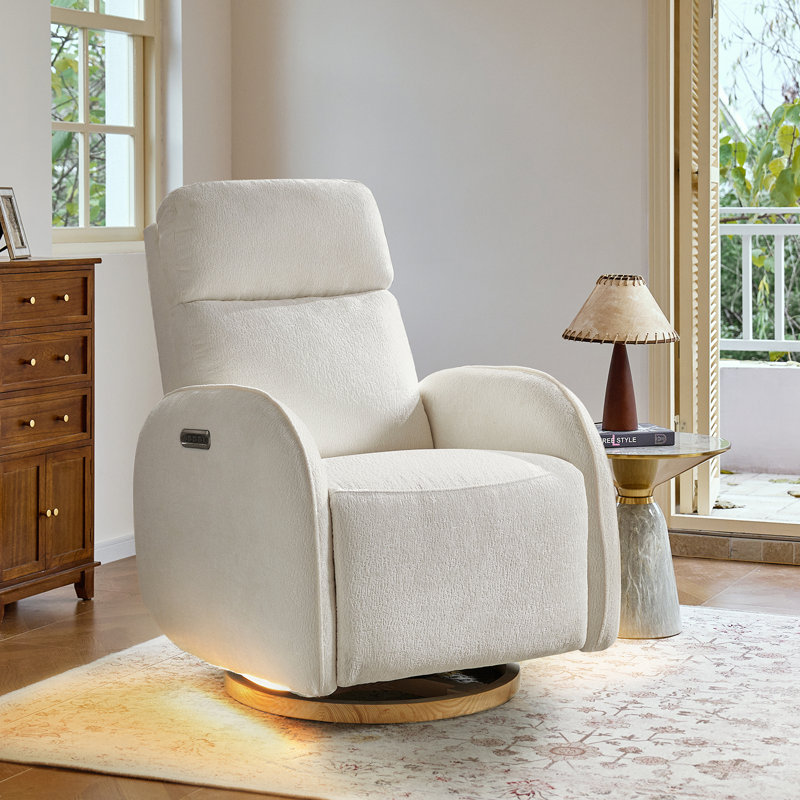 Barrau Cuddle 32.25" Modern Swivel Glider Power Nursery Recliner with Electric Headrest and Lumbar Support, Ivory