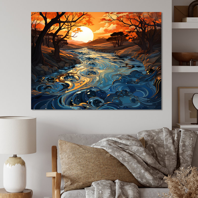 Orange et bleu, rivière, voyage serein I - rivière, art mural, Toile tendue, H 34 po x l 44 po x P 1,5 po
