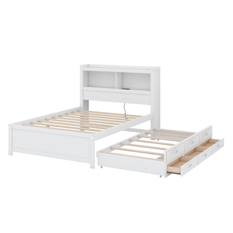 Lit plateforme avec lit gigogne, tiroirs et prises USB, Blanc