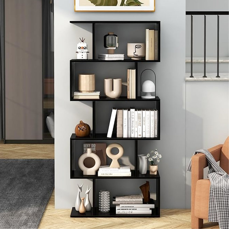 Cinq niveaux de bibliothèque noire pour la maison - livres de rangement polyvalents, décorations, dossiers convenant à la vie, à la chambre à coucher, au bureau