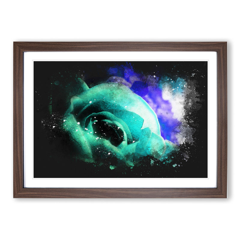 Teal Rose Flower - Picture Frame Painting, 27cm H x 36cm W x 2cm D, Walnut Framed
