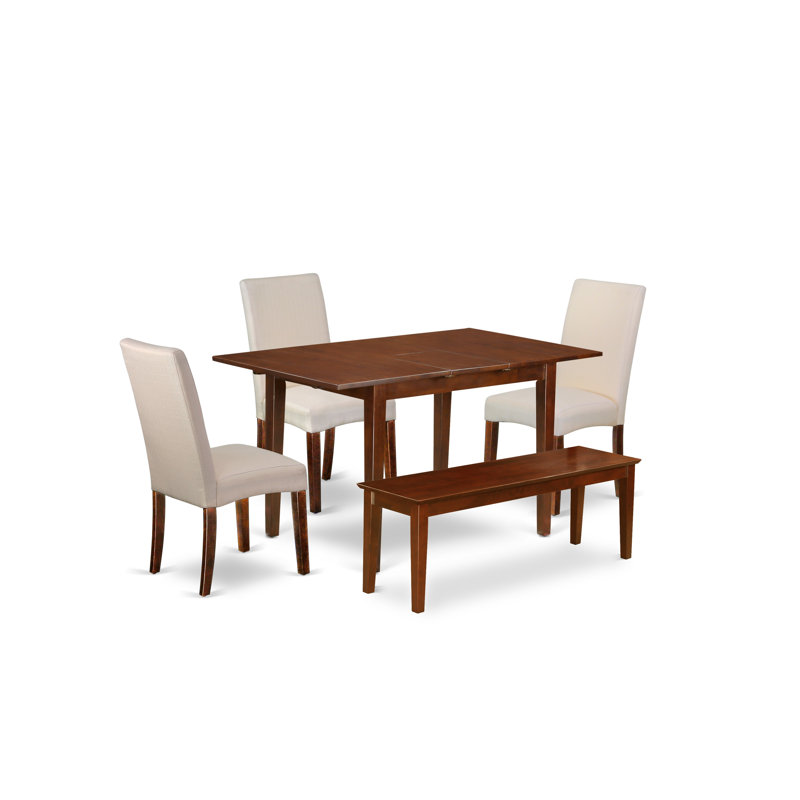 Ensemble de table de cuisine 5 pièces comprenant une table rectangulaire à feuilles papillon et 2 chaises Parson en lin crème avec 2 bancs, acajou