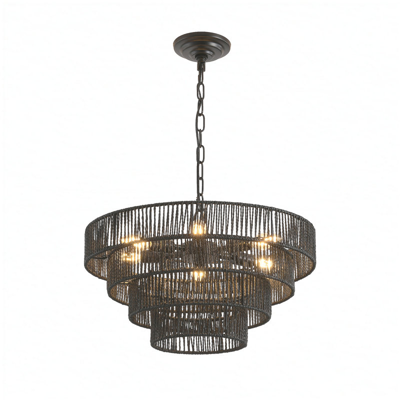 Lustre suspendu rustique en corde de chanvre noir de 20 po à 4 niveaux avec 6 douilles E12, plafonnier Boho fabriqué à la main pour la salle à manger, la cuisine ou le vestibule (ampoule non incluse)