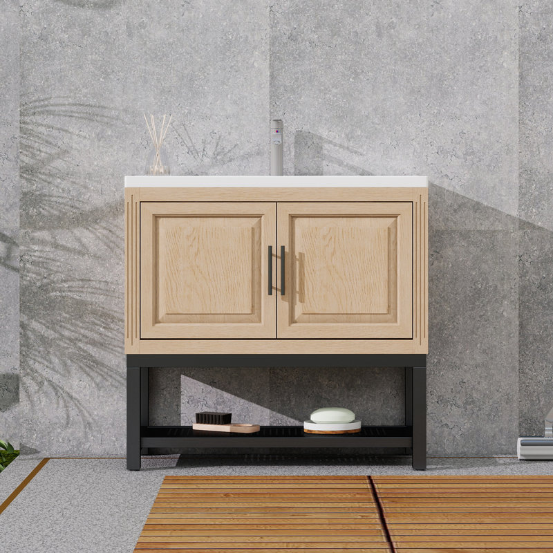 Meuble-lavabo sur pied 36 po avec lavabo et robinet en céramique blanche, armoire de rangement et tablette ouverte en fer