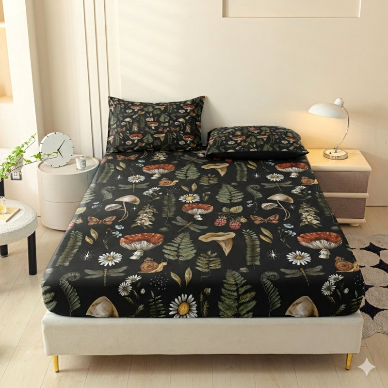 Orylavena Vintage Mushroom and Fern Fitted Sheet Set, Botanical Nature Garden Microfiber Bedding with Snails and Butterflies, Twin Full Queen King, 1 Fitted Sheet and 2 Pillowcases, Digital Print, White Backside, No Pillow Insert Included