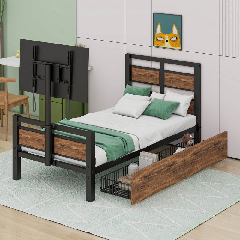 Twin Size Metal Platform Bed With Two Drawers And Rotatable TV Stand