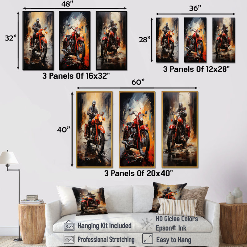 Ensemble de salon Crimson Thunder Red Dirt Bike - Moto Wall Art, Cadre flottant brun, H 32 po x l 48 po