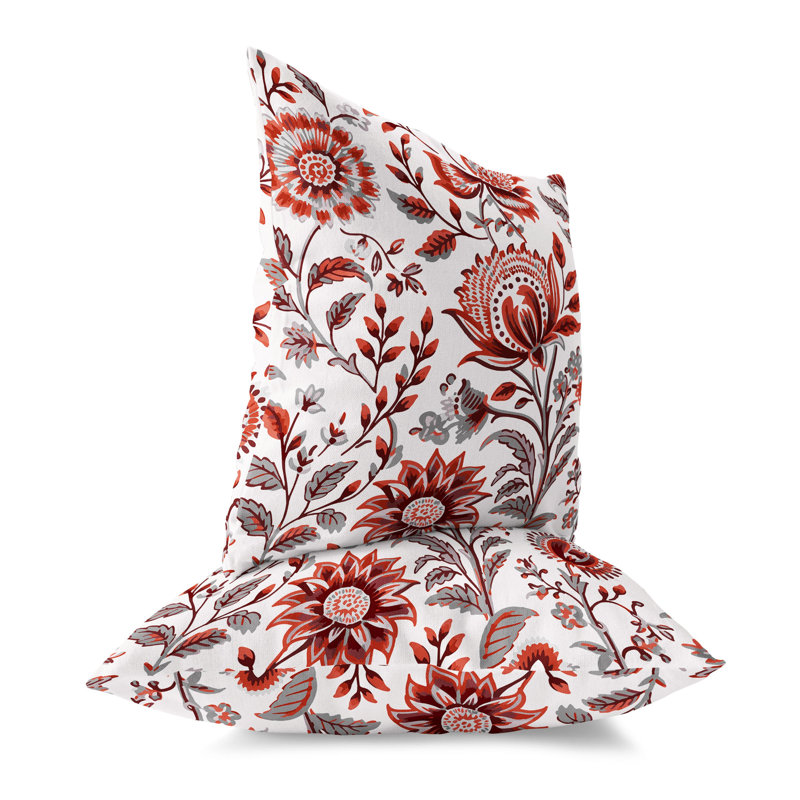 Red and Gray Floral Faux Suede Square Throw Pillow