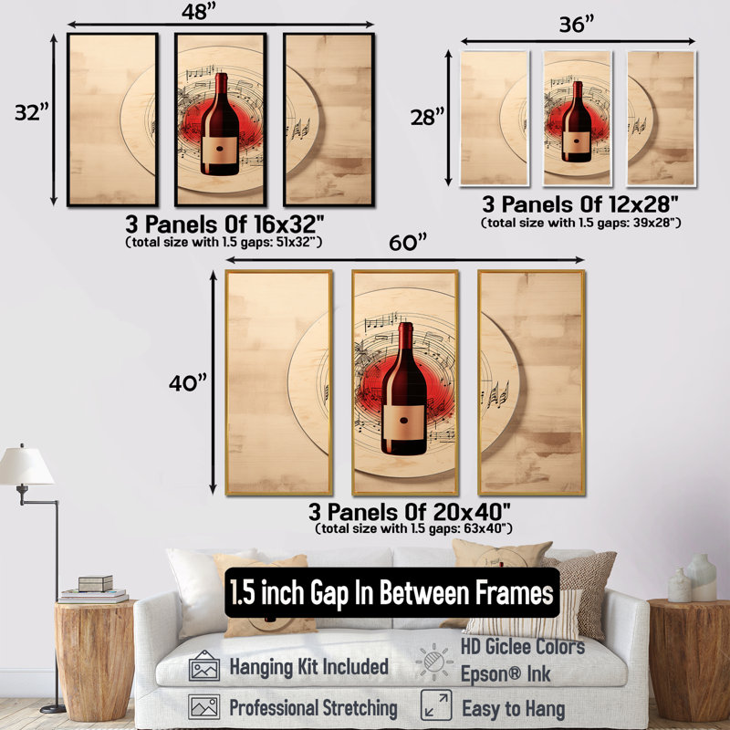 Vinyle Vino I - ensemble d'art sur toile vin, Cadre naturel flottant, H 28 po x l 36 po x P 1 po
