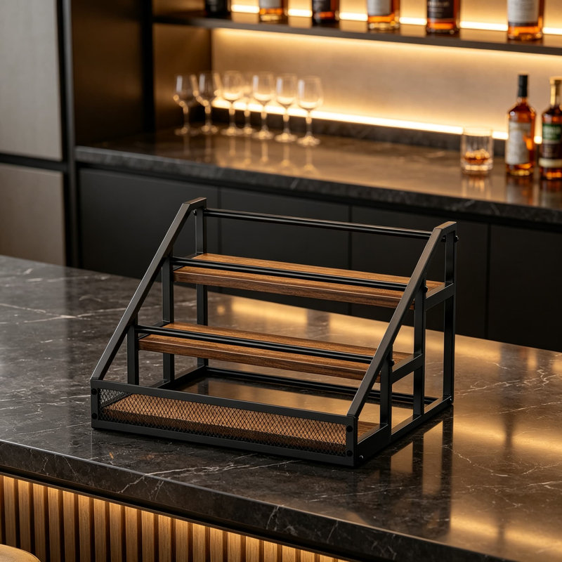 Étagère à trois niveaux pour bouteilles de boissons alcoolisées, support à vin de comptoir et rangement pour bouteilles de whisky et spiritueux, tablettes de bar rétro avec support, mini armoire à boissons pour bar à domicile