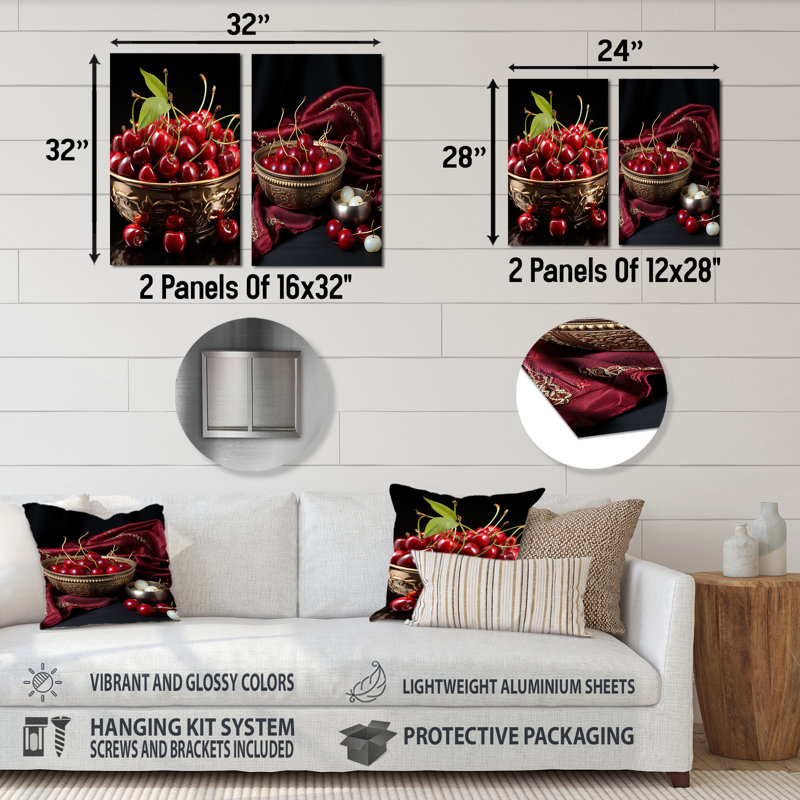 Délicieuse cerise Bliss I - fruits, ensemble de 2 reproductions d'art mural en métal, H 28 po x l 24 po