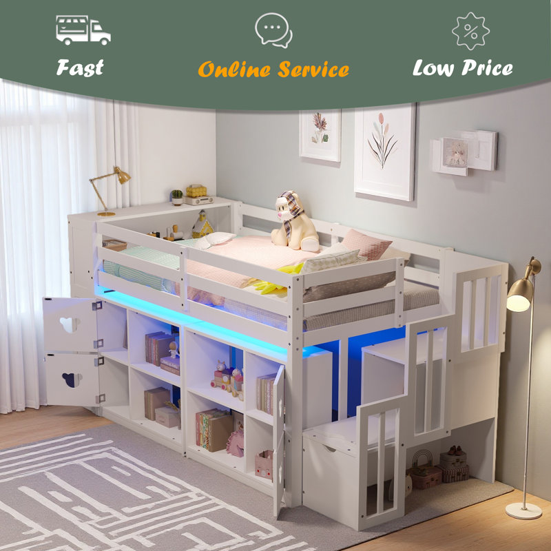 LIT DE LIT DOUBLE DE BASSE AVEC TABLETTES, TÊTE DE RANGEMENT ET escalier, Blanc
