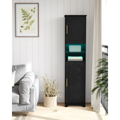 Tall Bathroom Cabinet with Lights, Slim Bathroom Storage Unit with 2 Doors and Adjustable Shelves, Narrow Storage Unit for Small Spaces