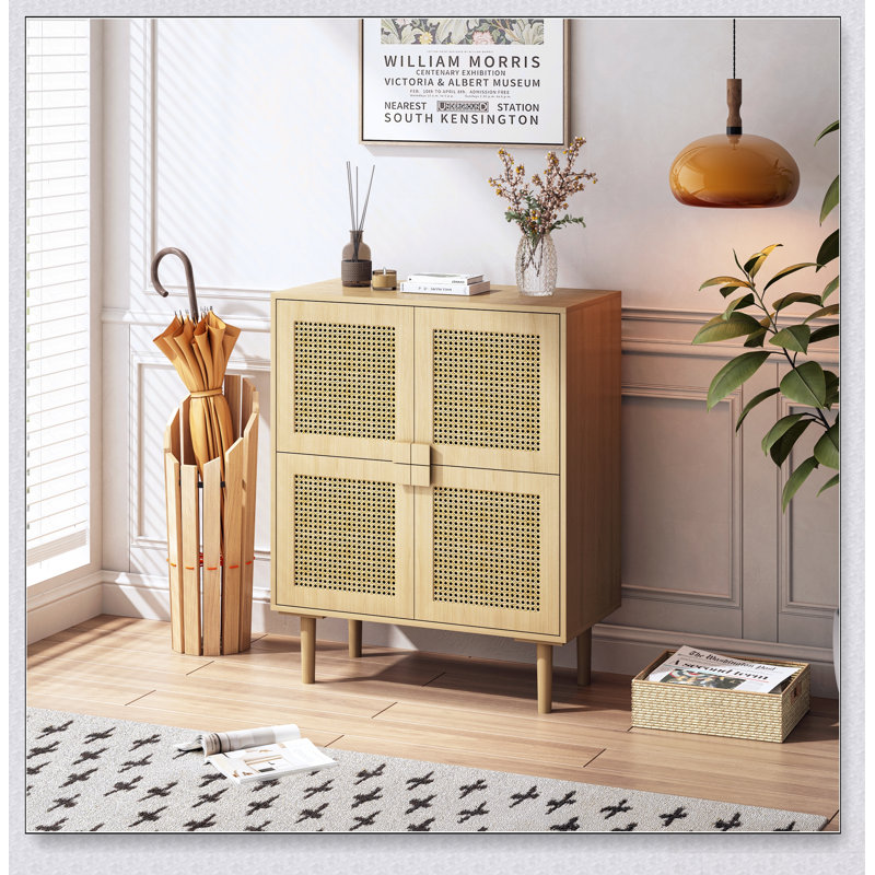 4-Doors Mesh Storage Cabinet With Eight Spacious Shelves, Ideal For Entryway, Living Room, And Hallway, Natural